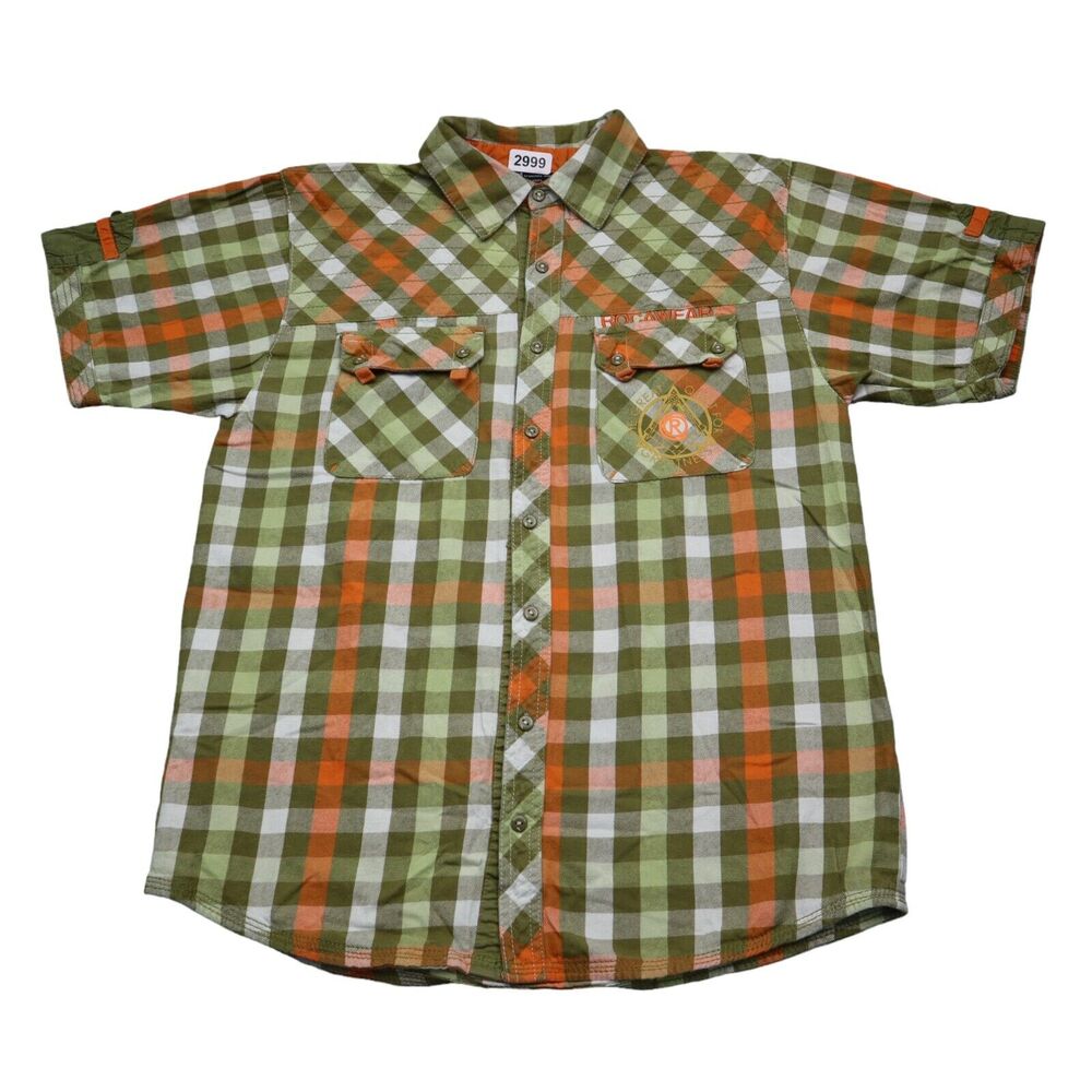 Rocawear Shirt Youth XL Boys 18 20 Green Orange Plaid Button Up Short Sleeve